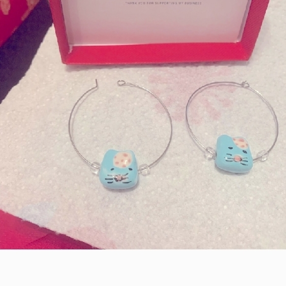 Playful Blue Cat Hoop Earrings NEW